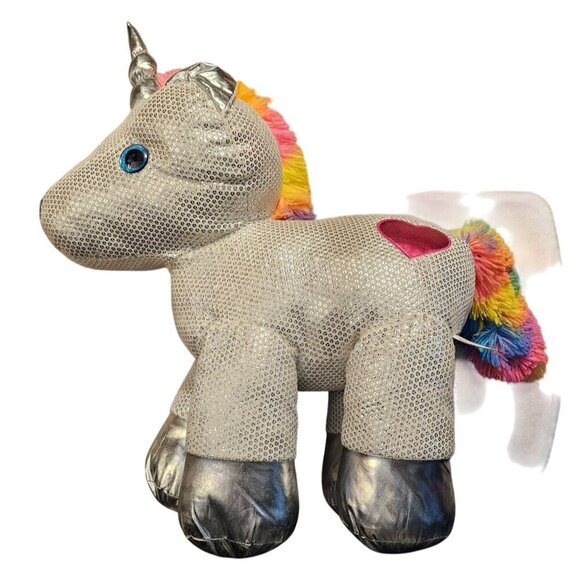 22' Tall Silver Sparkle Unicorn Plush Toy With Rainbow Mane & Tail By Dan Dee - Picture 3 of 7